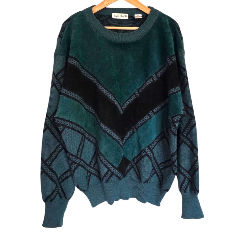 Vintage Bachrach Green Leather Panel Pullover Crewneck Sweater Chevron Mens XXL